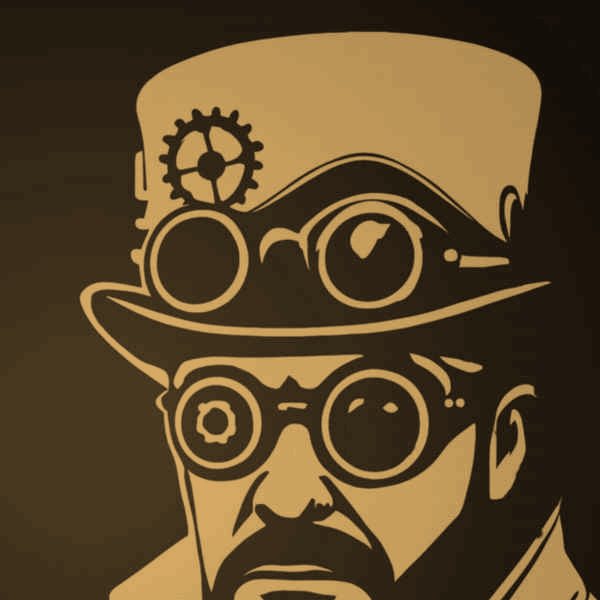 Hugo Halloway, illustrated portrait in top hat and goggles