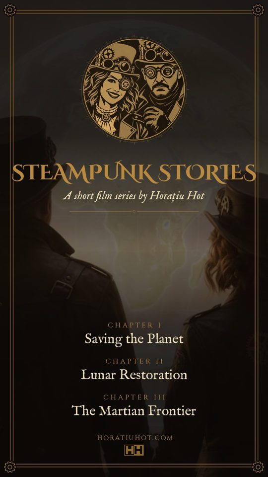 Poster: Hugo and Clara in a brass medallion above the three chapter titles